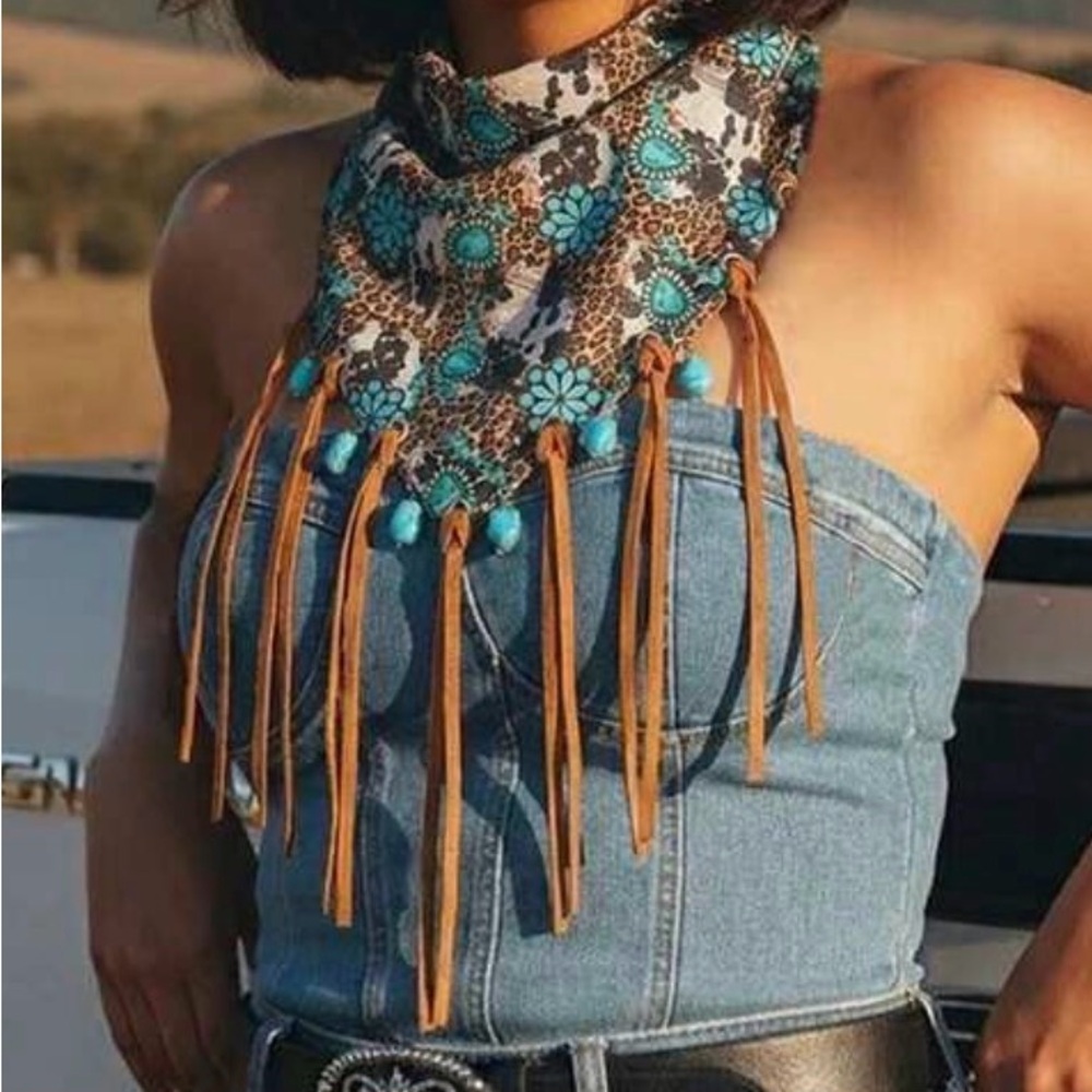 Western Bandana Scarf Turquoise Floral Fringe Bandana Scarf Cowgirl Bandana - Picture 2 of 7
